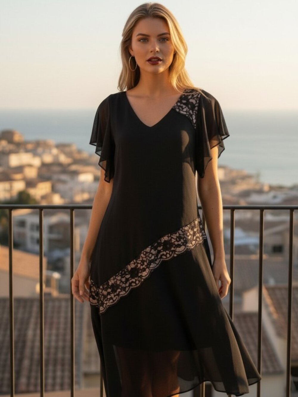 VINTAGE ADRIANNA PAPELL Black Nude Lace Chiffon Dress 6 Flowy Gypsy MOTB Wedding
